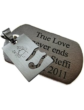 AREA17® Lederkette geflochten, Edelstahl-Sternzeichenanhänger Krebs und Dog Tag braun - MIT WUNSCHGRAVUR