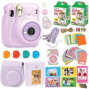 Fujifilm Instax Mini 11 Camera + Fuji Instant Instax Film (40 Sheets) & Includes Case + Assorted Frames + Photo Album + 4 Color Filters and More Bundle (Lilac Purple)