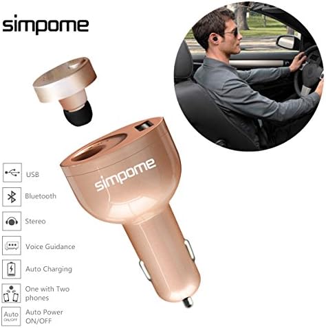 Simpome Car Power Adapter with Mini Wireless Bluetooth Headphone, QC3.0 USB Cogarette Lighter Charger Headset Kit, Car Cell Phone Charger with 4.0 Bluetooth Wireless Earbud for iphone, ISO and Android Smartphones,Rose Gold