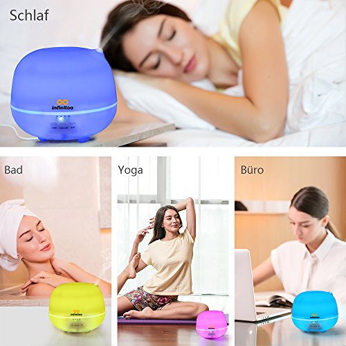Luftbefeuchter | infinitoo 500ml Ultraschall Aroma Diffuser | Aromatherapie Diffusor | Abschaltautomatik Öl Raumbefeuchter mit 4 Zeitmodi Einstellungen und 7 LED Farbwechsel für Wohnzimmer, Kinderzimmer, Schlafzimmer,, Baby- und Yogazimmer, SPA, Büro usw. - 4