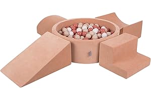 KiddyMoon Spielplatz Velvet Aus Schaumstoff Mit Samt Rund Bällebad (300 Bälle) + Version 5 Ballgruben Für Babys Spielbad, Hergestellt In EU, Wüstenrosa: Pastellbeige/Lachsfarben/Weiß