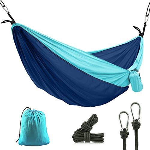 CUNXIA Camping Hammock, Single Outdoor Travel Hammock, Portable Nylon Parachute Hammock with Tree Straps for Camping Hiking Backpacking (Blue)