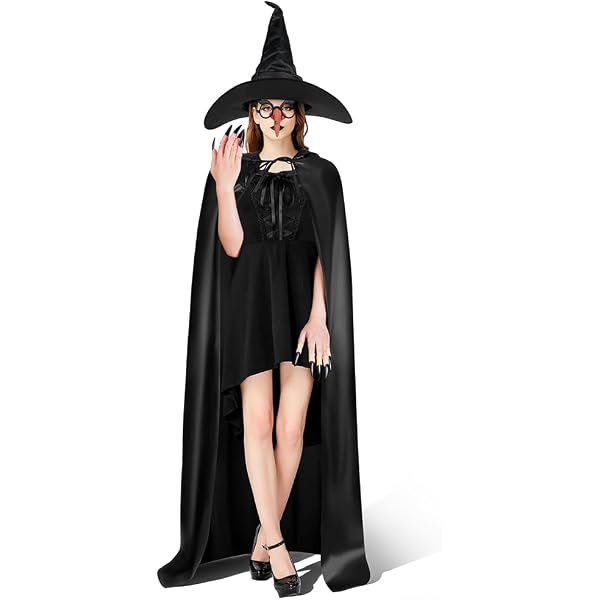 Hexenkostüm Damen Komplettset – Mit Kapuzenumhang, Hut & Handschuhen, Schwarz Für Halloween & Cosplay