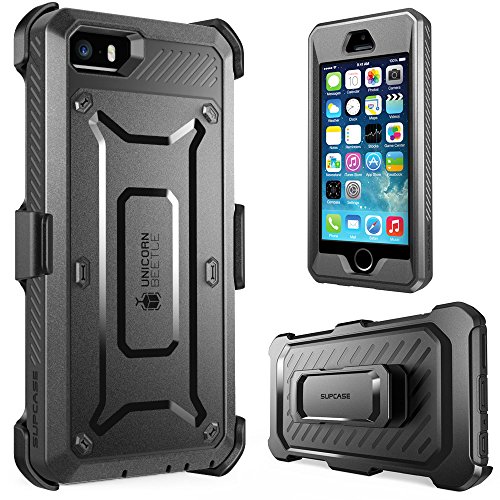 iPhone 5S Case, SUPCASE [Heavy Duty Belt Clip Holster] Apple iPhone 5S Case Compatible with iPhone 5 [Unicorn Beetle PRO Series] Full-body Rugged Hybrid Protective Cover with Built-in Screen Protector, Dual Layer Design + Impact Resistant Bumper (Black/Black)
