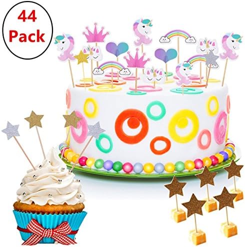 MIMIEYES Unicorn Cake Toppers Rainbow Heart Crown Star Cupcake Picks for Birthday Themed Party Cake Decoration (Pack of 44)