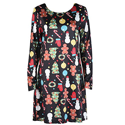 MORCHAN Cadeaux de noël Femmes Noël Imprimer Robe trapèze à Manches Longues pour Femmes de Noël évasé Robes de soirée(Medium,Multicolore-7)