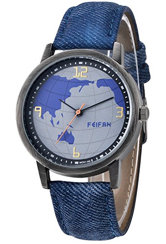 Inwet Retro Herren Quarz Armbanduhr,Blau Weltkarte Zifferblatt Analoge Anzeigen,Blau Leder Armband Inwet Retro Herren Quarz Armbanduhr,Blau Weltkarte Zifferblatt Analoge Anzeigen,Blau Leder Armband