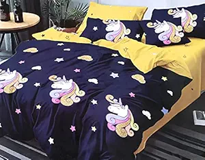 SinghsVillas Decor Presents Cotton Cartoon Printed Single Bedsheet with Pillow Cover (Blue Unicorn)