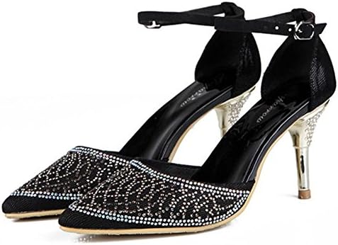 women crystal shoes diamond handmade thin high heels leather night club evening banquet party strap buckle pumps sandals . black . 43
