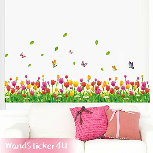 WandSticker4U- Wandtattoo „Tulpen Wiese in 2er Set“ | Breite: 228cm | Blumenwiese Blumen Gras Schmetterlinge | Wandsticker Fenstersticker Aufkleber Deko für Flur, Küche, Kinderzimmer, Wohnzimmer, Garderobe - 2