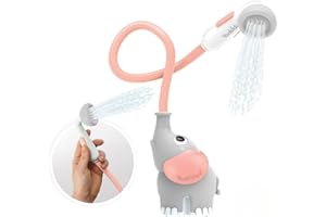 Yookidoo Baby Bath Shower Head - Elephant Water Pump with Trunk Spout Rinser - Control Water Flow from 2 Trunk Knobs in Tub or Sink for Infants and Newborn Babies (Pink)