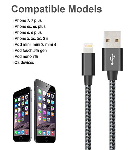 Flashstye 3 Pack 1M 2M 3M iPhone Charger Nylon Braided Lightning to USB Cable Apple lightning cable for iPhone 7 Plus 6S Plus 6 Plus SE 5S 5C 5, iPad 2 3 4 Mini, iPad Pro Air, iPod.(Black Gray) - 6