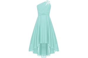 TiaoBug Enfant Fille Robe Princesse Soirée à Perles Une Épaule Plissé Robe Demoiselle d'honneur Mariage Cérémonie Robes de Bal Carnaval Fête 6-16 Ans