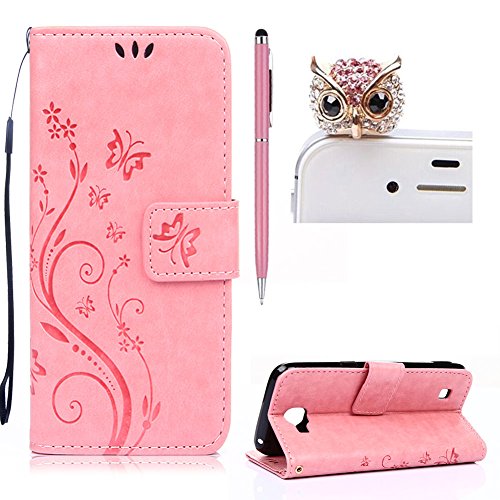 LG K4 Hülle Leder ,SKYXD Drucken Schmetterling Blumen Prägung Motiv PU Folio Ledertasche [ Standfunktion / Magnetverschluss / Kartenfächer] Einfarbig Handyhülle 3 in 1 Handytasche mit Eule Staubstecker + Eingabestift für LG K4 Schutzhülle - Pink