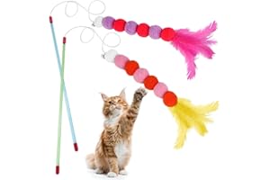 COLORICH ㅤ Colorich 2Pcs Cat Wand Toy With Bell And Plush Balls, Cat Feather Toy, Cat Feather Wand, Cat Teaser Wand, Cat Toys Interactive for Indoor Cats, Kitten Toys for Cat Playing, Exercising And Training