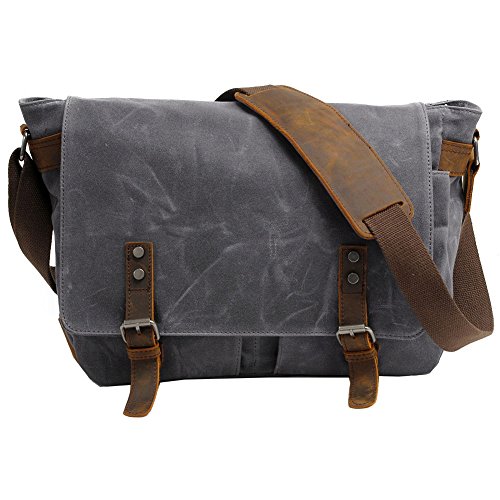 VRIKOO Waterproof Canvas Leather Messenger Bag Crossbody Satchel Shoulder Bags 14 inch Laptop Briefcase