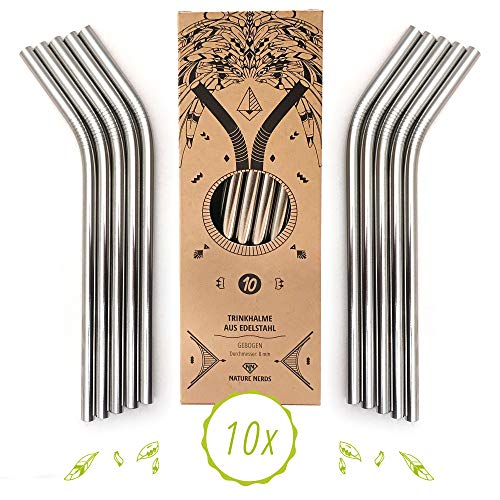 Nature Nerds - Pajas de beber / pajitas / tubos de beber de acero inoxidable (10 piezas + cepillo de limpieza) - reutilizable, sin plástico empacado (doblado)