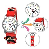 Pure Time® Kinder-Uhr Mädchen-Uhr für Kinder Jungen-Uhr Silikon-Kautschuk Armband-Uhr Uhr mit 3D Ninja Samurai Waffen Motiv Ninjauhr Lern-Uhr Schul-Uhr Sport-Uhr Schwarz Weiß (Rot)