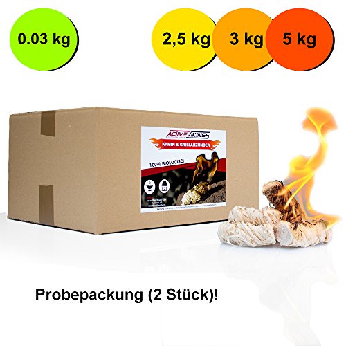 ActiveVikings - Kamin&Grillanzünder Probepackung (Mengen 2,5kg 3kg 5kg) --------- Ökologische und Biologische Anzünder, Ideal für Ihren Kamin und Grill, 0.03 kg (2 Stück).( Bioanzünder Grillanzünder Kaminanzünder Ofenanzünder Holzanzünder Holzwolle) (0.03)