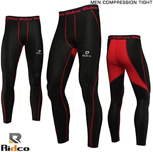 Mens Compression Tights Running Base Layer Long Pants Gym Skin Trouser S to XL (Black/Red, X-Large)