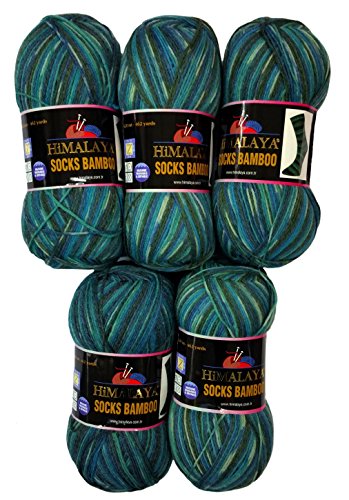5 x 100 Gramm Sockenwolle lila grün blau türkis mint 120-04, 500 Gramm Wolle für Stricksocken und Strümpfe
