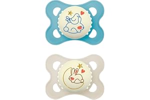 MAM Original Night Schnuller im 2er-Set, leuchtender & zahnfreundlicher Baby Schnuller aus nachhaltigen & bio-erneuerbaren Materialien, mit Schnullerbox, 0-6 Monate, Hase/Mond