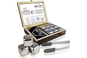 Flow Barware - Set regalo in pietra di whisky in acciaio inossidabile con pinze per il ghiaccio e custodia, cubetti di ghiaccio in metallo riutilizzabili per prevenire la diluizione di whisky, rum
