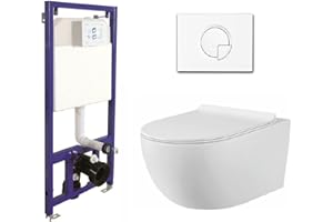 STRUCTIO INTERNATIONAL Ensemble WC complet sans bride - Siège Soft Close - Élément de pré-mur - Réservoir de chasse d'eau encastré - Réservoir de pré-mur - Céramique - Ensemble WC mural - Cuvette blanc/noir + plaque de