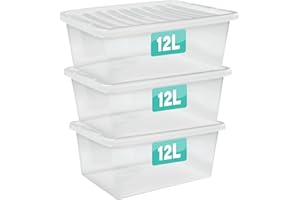 OPTIMAL PRODUCTS 3 x 12 Litre Clear Plastic Storage Boxes With Lids Set of 3, Transparent Multipurpose Nestable Stackable Plastic Box With Lid Containers For Home, Kitchen, Garage, Office, Accessories