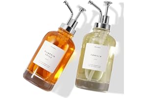 MoliMoli Coffee Syrup Dispenser for Coffee Bar, Coffee Pump Dispenser, Glass Syrup Bottle w. Pump, Maple/Coffee Syrup Bottles, Simple Syrup Dispenser w. Coffee Syrup Labels, 16.9 oz 500 ml, Set of 2