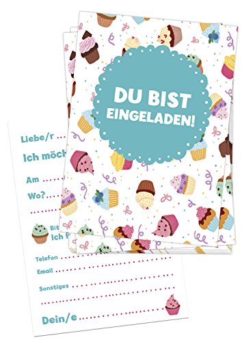 16 Einladungskarten zum Kindergeburtstag – Cupcakes und Muffins – für Kinder, Jungen, Mädchen, Feier Geburtstagseinladungen im Set - 3