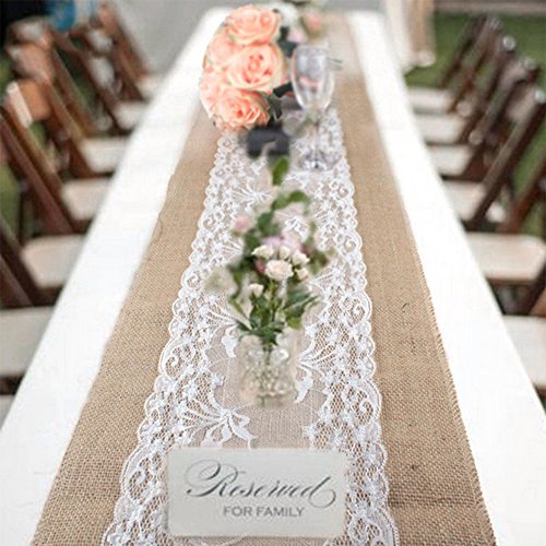 PsmGoods® Rustic Burlap Lace Hessischen Tischläufer Natürliche Jute für Hochzeits-Festival Ereignis Tischdekoration 12×108 „Weiße Spitze- - 3