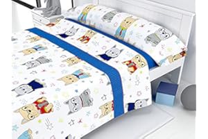Liniva Home - Juego de Sábanas Infantiles Algodón/Poliéster - Modelo Mascota - Azul, Cama 90 cm