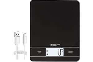 NUTRI FIT Báscula de cocina digital recargable, báscula de alimentos con carga USB-C para cocinar y hornear, plataforma de pesaje de vidrio templado ancha, LCD retroiluminado, 11 lb/5 kg (Negra)