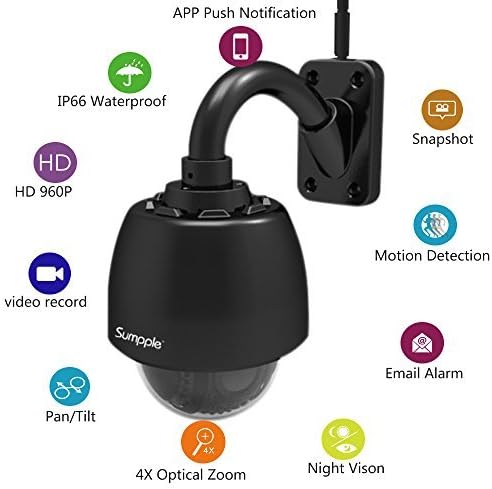 Sumpple Wired/Wireless WiFi 4X Optical Zoom HD 1280*960P Outdoor/Indoor PTZ Pan/Tilt Network Dome Security Camera with 8GB SD Card, IP66 Waterproof, Email Alert, Day Night Vision, Snapshot, Video Record, with App Viewed and Controlled on IOS iPhone, iPad, Android Smartphone or PC – Black