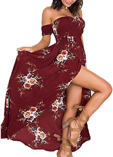 Qiulan Women Summer Boho Floral Print Off Shoulder Wrap Chest Split Long Maxi Casual Beach Dresses(Wine Red,XXL)
