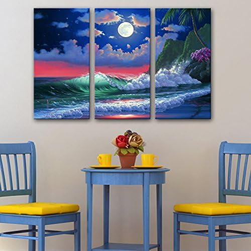 NIKUD-Set of 3 Stretched Frame Canvas Prints Wall Decoration Home Decor Living Rooms Offices Bedrooms Moonlight Coastal Decorative Printing Painting,30CM*60CM*3Panels,#FP1459