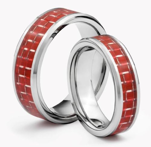 His & Her's 8MM/6MM Tungsten Carbide Wedding Band Ring Set w/ Red Carbon Fiber Inlay (Available Sizes H - Z+2) EMAIL US WITH YOUR SIZES