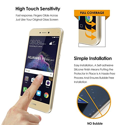 (2 Pack)Huawei P8 lite 2017 Panzerglas – EUGO Full Coverage 9H Gehärtetem Glas Schutzfolie Displayschutzfolie Panzerglas für Huawei P8 lite 2017 – Gold - 3