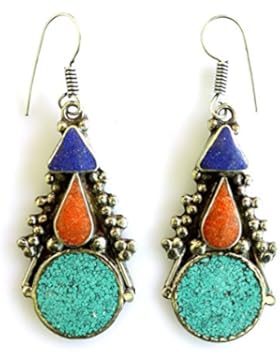 FASHION TIBETAN OHRRINGE FÜR FRAUEN 925 SILBER OVERLAY DANGLE OHRRINGE BLAU LAPIS-LAZULI, TÜRKIS & KORALOARRINGE...