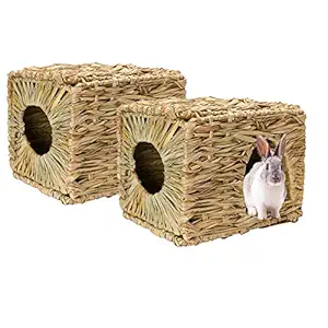 Tfwadmx Rabbit Grass House 2PCS, Extra Large - Natural Hand Woven Seagrass Play Hay Bed, Hideaway Hut Toy for Bunny Hamster Guinea Pig Chinchilla Ferret