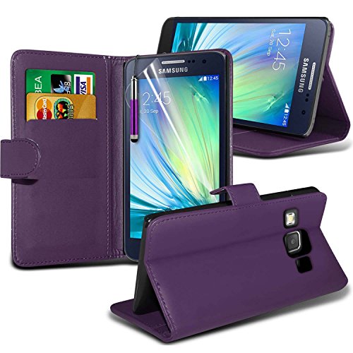 Sell-Ideas® Samsung Galaxy A3 Wallet Pouch Wallet Phone Case Book Case Protective Cover, With Free Screen Cover and Stylus Pen - Premium Quality PU Leather (Purple)
