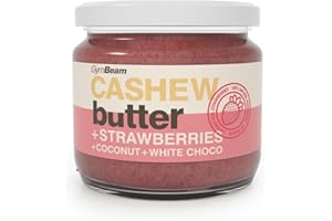 GymBeam Cashewcreme mit Erdbeeren - Cashewbutter mit Kokosnuss und weißer Schokolade, zarte cremige Konsistenz, ohne Palmöl, GVO & Gluten, ideal für Porridge Bowls, Desserts und Smoothies, 340 g