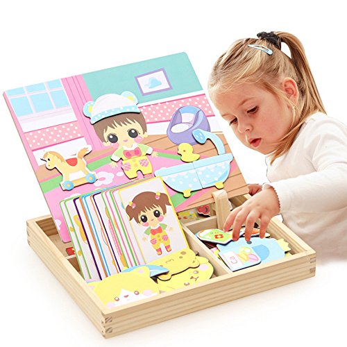 Wooden Drawing Toy, PANNIUZHE Magnetic White Board Games Princess Dress-Up Puzzle with Storage Case Toys for 3 years old