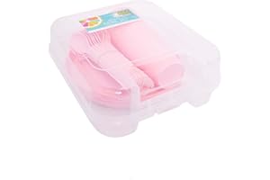 YöL Pink 30pc Picnic Set Plastic Set Reusable Camping Summer Party BBQ Plate Cup Cutlery Caravan Tumblers Tableware with Carry Case Portable