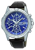 Seiko Herren-Chronograph aus Edelstahl, Solarbetrieb, mit Alarmfunktion und Datumsanzeige, Lederband gepolstert, SSC141P2