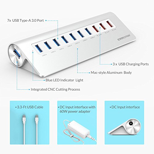 Ennotek® Aluminium USB 3.0 Hub 7 Datenports mit 3 x 2.4A Ladeports für iPhone, iPad, Samsung, Nexus, LG, und weitere – 12V / 5A Netzteil - 3