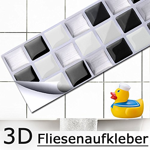 4er Set 25,3 x 5,4 cm Grandora Mosaik 3D Fliesenaufkleber W5194 selbstklebend Küche Bad Wandaufkleber Fliesendekor Folie schwarz weiß silber