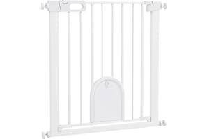 PawHut Dog Gate with Cat Flap Pet Safety Gate Barrier, Stair Pressure Fit, Auto Close, Double Locking, for Doorways, Hallways, 75-82 cm White