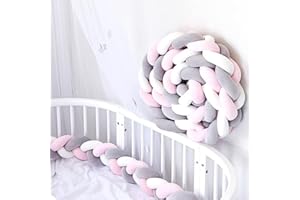 RZYW Braided Cot Bumper,Braided Pillows Knotted,Cot Bumpers for Cot Bed, Anti-Collision Head Crib Bumper,Cotton Soft Knot Pillow Baby Bed Cushion All Round Braided Protector,White+pink+gray,2m
